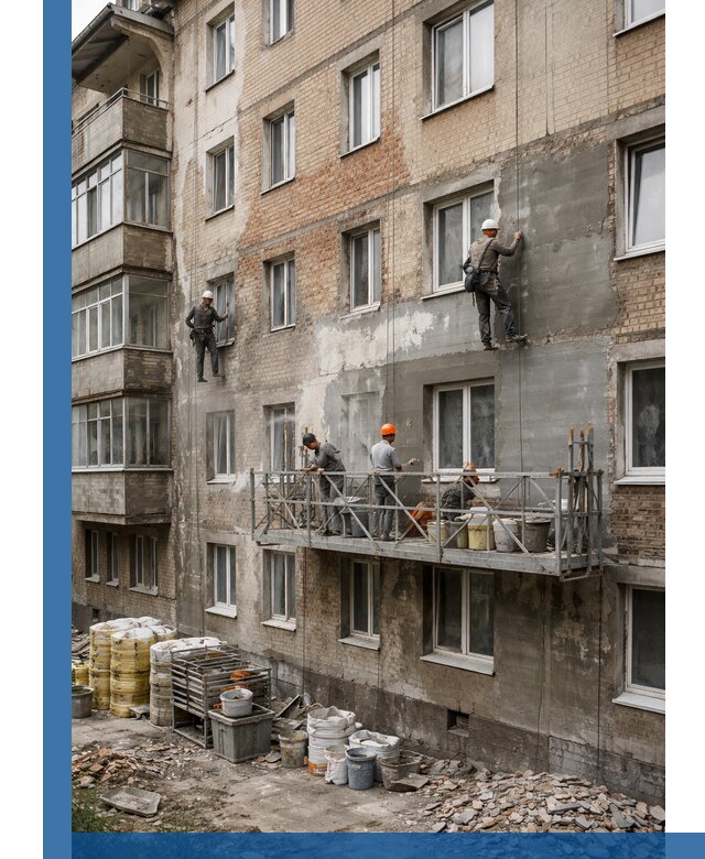 Капитальный ремонт фасада в Темрюке с восстановлением и гидроизоляцией