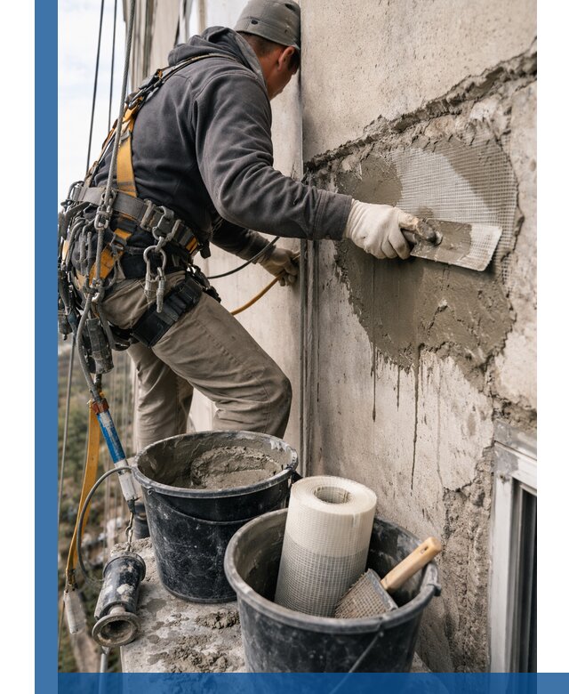 Ремонт бетонных элементов фасада промышленными альпинистами в Темрюке