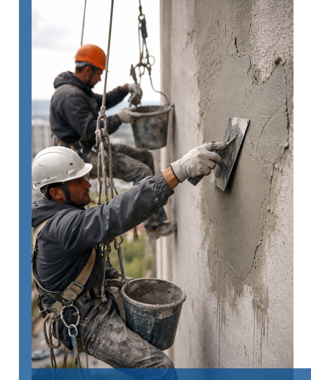 Штукатурка фасада на высоте в Темрюке профессиональные работы