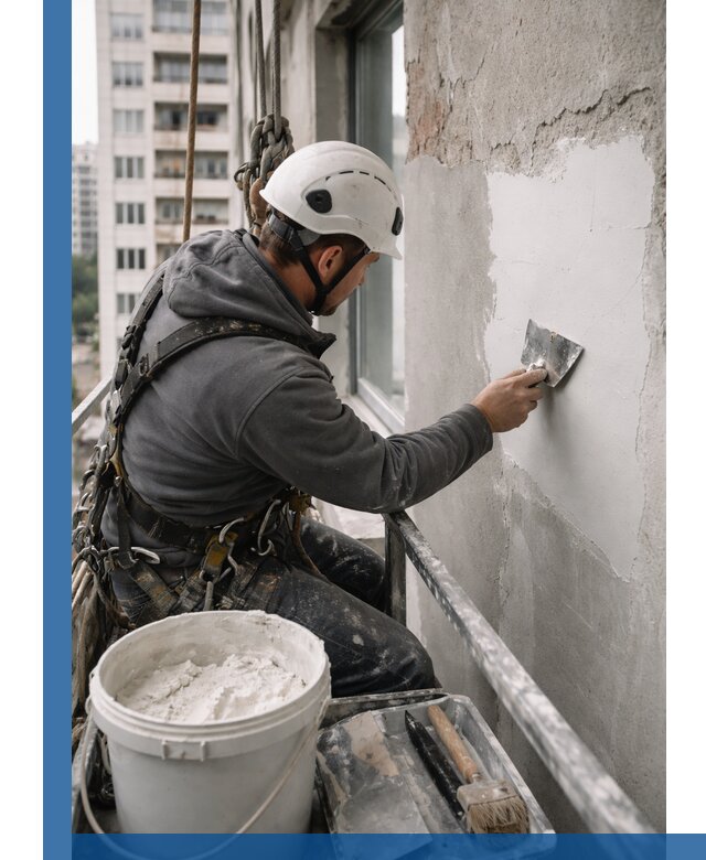 Шпаклевка фасадов на высоте с промальпинистами в Темрюке