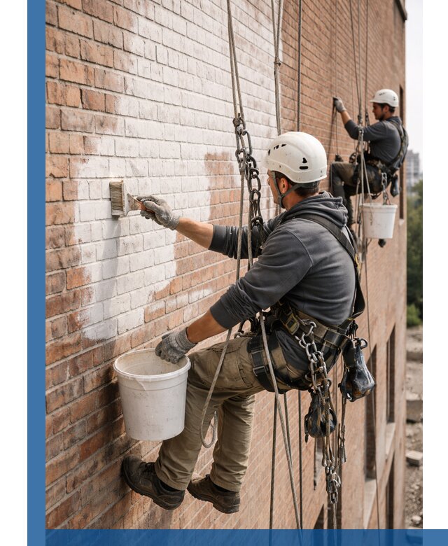 Покраска кирпичного фасада с доступным альпинистским сервисом в Темрюке