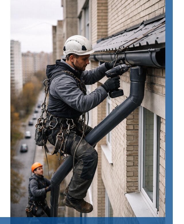 Монтаж водосточной системы на здании в Темрюке от 5147 р. | ВЫСОТНИК-Тмр