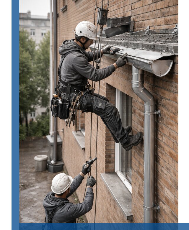 Монтаж водосточной системы на здании в Темрюке под ключ