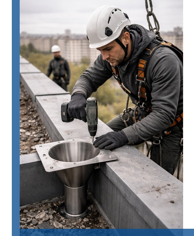 Монтаж водосточных воронок в Темрюке для промышленных зданий