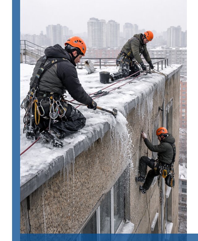 Удаление наледи с кровли в Темрюке промышленными альпинистами