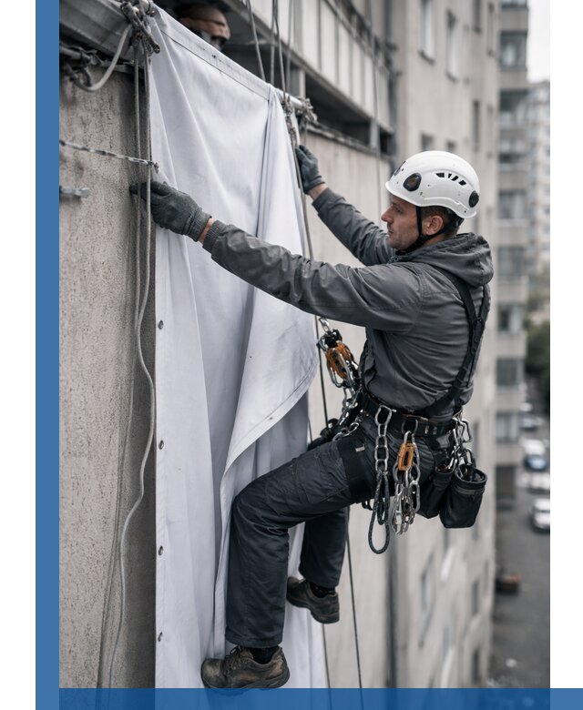 Замена баннерного полотна промышленными альпинистами в Темрюке