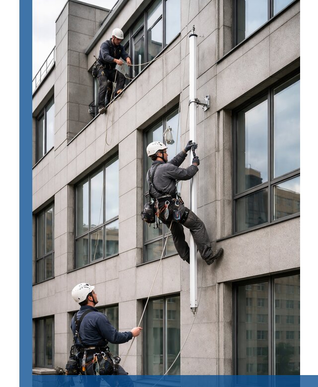 Монтаж флагштока на фасаде здания с креплением и герметикой в Темрюке