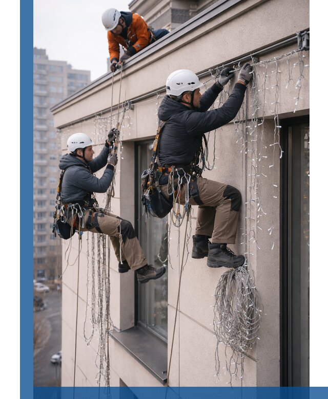 Монтаж праздничных гирлянд на фасаде в Темрюке для зданий