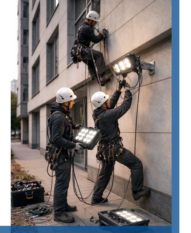 Монтаж прожекторов на фасаде в Темрюке от 7720 р. | ВЫСОТНИК-Тмр