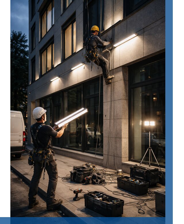 Монтаж архитектурной подсветки здания в Темрюке от 2573 р.|ВЫСОТНИК-Тмр