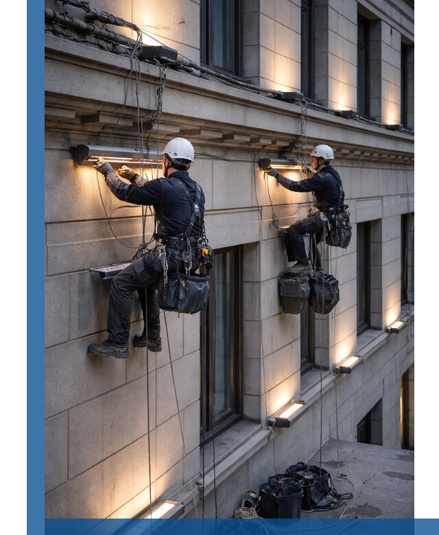 Монтаж архитектурной подсветки фасадов зданий в Темрюке