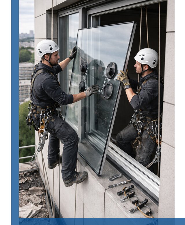 Замена стеклопакетов на высоте с промышленными альпинистами в Темрюке