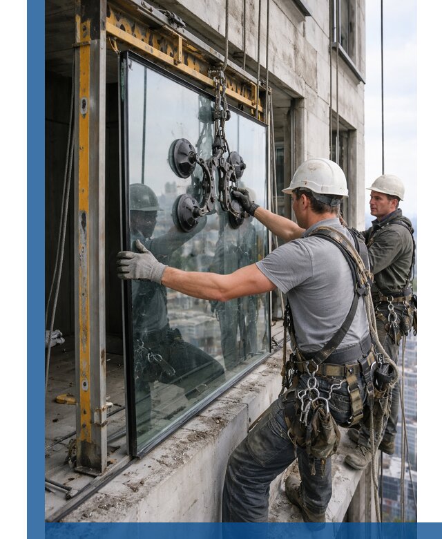 Монтаж стеклопакетов на высоте в Темрюке с промышленным альпинизмом