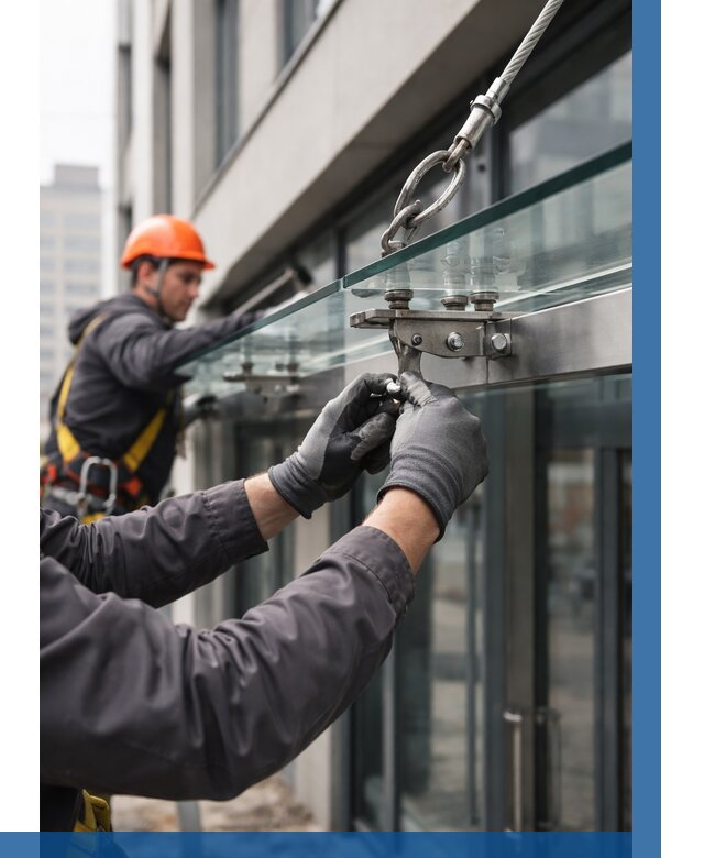 Монтаж стеклянных козырьков в Темрюке от 8749 р. | ВЫСОТНИК-Тмр