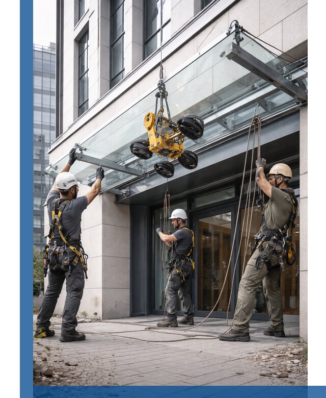 Монтаж стеклянных козырьков под ключ в Темрюке для зданий