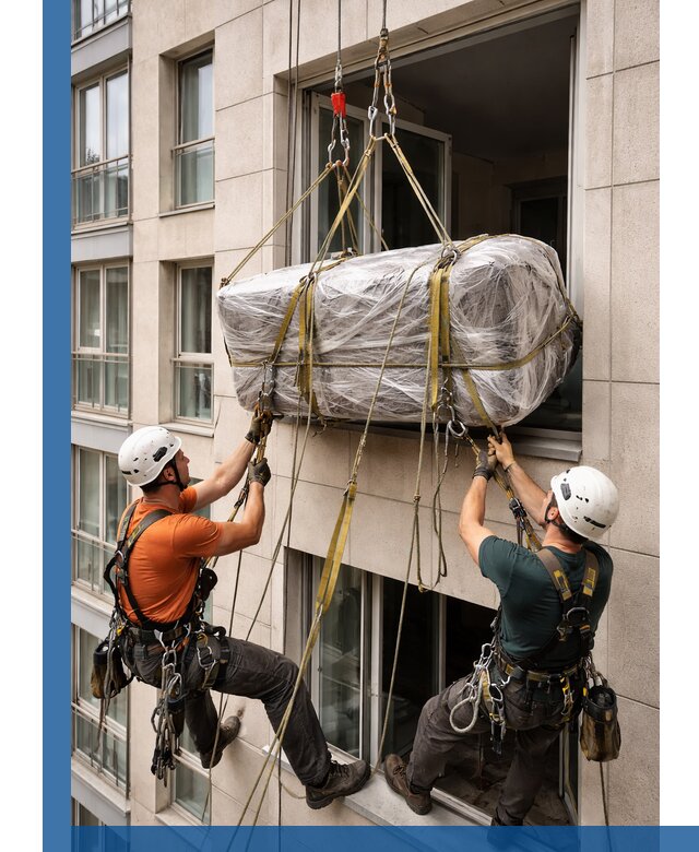 Подъем грузов через окно в Темрюке промышленными альпинистами