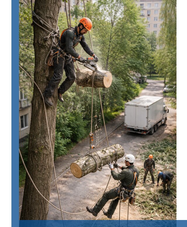 Спил деревьев альпинистами в Темрюке, безопасно и без повреждений