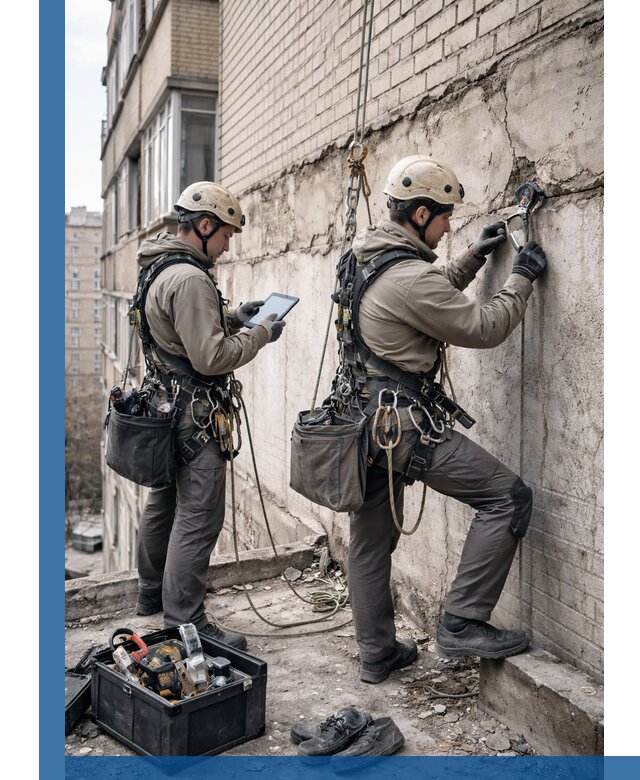 Обследование фасада промышленными альпинистами в Темрюке